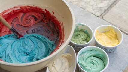 Poster - An overhead view of colorful plaster pigments mixed in a bowl with varied textures illustrated in the swirling colors ready to be applied to the wall.