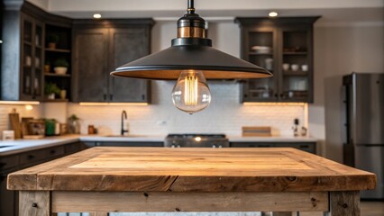 Poster - An oversized industrial pendant light with an exposed bulb hanging above a rustic wood island providing a bold statement that complements the kitchens eclectic decor.