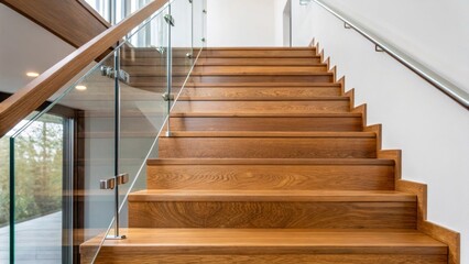 Poster - An upclose view of a staircase featuring rich oak treads and an innovative railing made of acrylic allowing unobstructed views while maintaining a contemporary aesthetic.