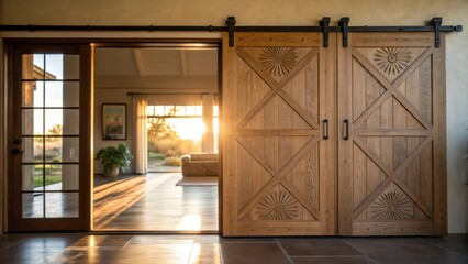 Aufkleber - A serene view of a sliding barn door partially open revealing a glimpse of a sunlit room beyond with the light casting reflections through the etched designs.