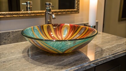 Aufkleber - A stylish glass vessel sink showcases vibrant swirls of color reflecting soft light that highlights its unique artistic design against a sleek granite countertop.