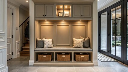 Aufkleber - A stylish entryway with a spacious builtin storage bench complemented by ambient lighting from above enhancing the inviting atmosphere and showcasing the benchs dual purpose.