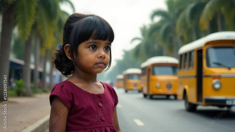 Sri Lankan Little Girl Standing Against Street With Buses Stock Photo sri-lankan-little-girl-standing-against-street-with-buses-stock-photo