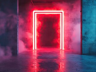 Aufkleber - Illuminated neon doorway urban space digital art foggy atmosphere dramatic perspective modern concept