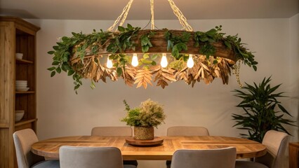 Aufkleber - A unique pendant chandelier with an organic natureinspired design drops low over a cozy dining nook merging the indoor space with an earthy aesthetic.