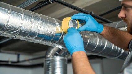 Aufkleber - A technician wearing gloves carefully sealing ducts with highquality tape to prevent air leaks showcasing the meticulous care in maintaining ventilation systems.