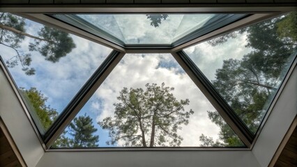Poster - A topdown view of the installed skylight showing reflections of the surrounding environment on the glass surface symbolizing a connection with nature.