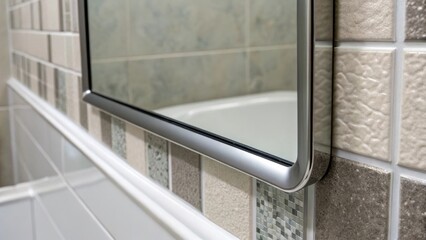 Poster - A view of the antiglare mirrors edge emphasizing the sleek finish and the seamless transition to the surrounding wall tiles.