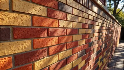 Aufkleber - A vibrant sunlit scene of partially completed brick veneer on a wall with shadows playing across the bricks revealing depth and the rich colors of the materials.