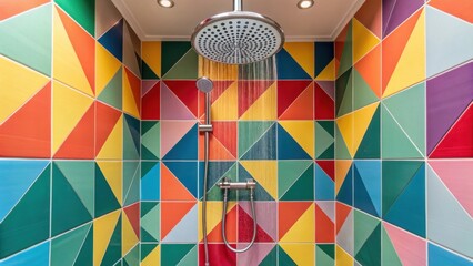 Poster - A vibrant walk with bold geometric tiles and a large rainfall showerhead surrounded by sleek chrome fittings that add a modern touch.