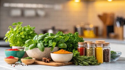 Poster - A vibrant closeup of herbs and es on a countertop with soft undercabinet lighting enhancing their colors and textures creating an inviting cooking atmosphere.