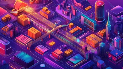 Aufkleber - An isometric illustration of a global logistics network, featuring transport routes, hubs, and the flow of goods across diverse regions, symbolizing seamless trade and connections.