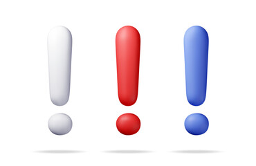 Poster - 3D exclamation mark isolated on white. Render attention, information, danger and warning icon. Alert and alarm symbol. Social media network notification reminder. Vector illustration