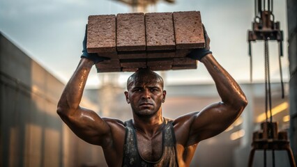 Poster - A worker lifting a heavy brick veneer piece emphasizing the physicality of the installation process in an industrial setting with a blurred backdrop of construction tools.