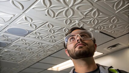 Aufkleber - A workers face wearing safety goggles showing concentration as they align a decorative suspended ceiling tile with an innovative geometric pattern.