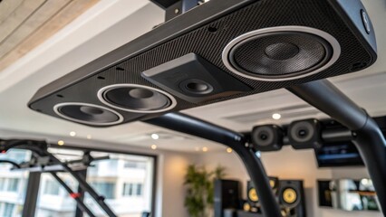 Poster - Closeup capturing a home gym area with integrated speakers in the ceiling featuring hightech fitness equipment beneath enabling an immersive workout experience with music.