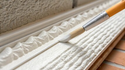 Poster - Closeup of a brush applying caulk to fill gaps around installed soundproofing with a focus on the smooth application and texture contrast.