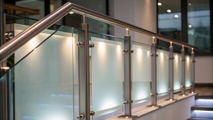 Poster - Closeup of a contemporary glass balustrade featuring frosted sections with integrated lighting creating an ethereal effect that contrasts with the clean lines of the structure.