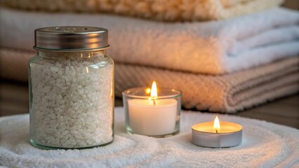Poster - Closeup of a decorative glass jar filled with bath salts positioned beside a candle holder with flickering tealights illuminating the soft textures of plush bath rugs.