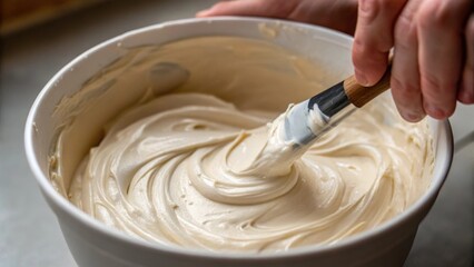 Aufkleber - Closeup of a hand mixing joint compound with a focus on the creamy texture in the bowl preparing for application to smooth out a wall.