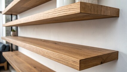 Aufkleber - Closeup of a minimalist shelf design featuring floating shelves made from natural wood focusing on the smooth grain and minimalistic aesthetic.