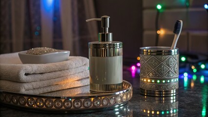 Fototapete - Closeup of an elegantly arranged bathroom accessory set with colorshifting lights casting reflections and creating a serene atmosphere.