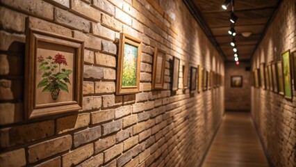 Poster - Closeup of an exposed brick hallway with a mix of small rustic frames holding natureinspired art creating a warm and inviting atmosphere.