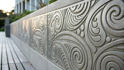 Aufkleber - Closeup of a polished concrete wall with a unique acidetched design showcasing swirling and organic motifs that are both artful and contemporary.