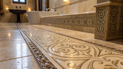 Poster - Closeup of a polished stone tile with a glossy finish reflecting light showing intricate ing patterns that add depth and elegance to the bathroom setting.