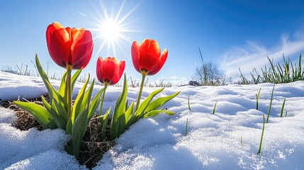 Poster - Bright tulips and fresh grass sprouting from the melting snow, with a sunny, clear blue sky above marking the shift to spring.