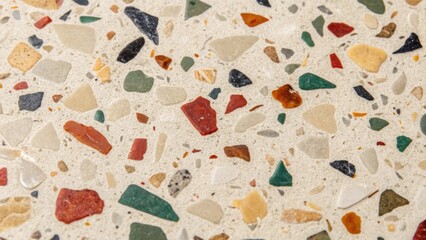 Aufkleber - Closeup of a section of terrazzo with a variety of stone aggregates capturing the intricate details of the surface texture and the contrast between the small colorful pieces and