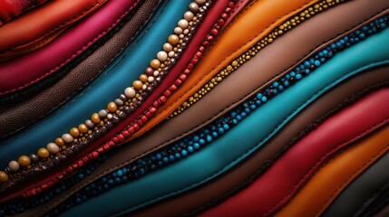 Poster - A vibrant assortment of leather pieces displayed in wavy patterns, adorned with beads and textures that evoke a feeling of richness and craftsmanship.