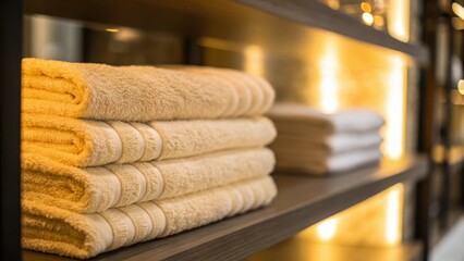 Poster - Closeup of soft towels neatly stacked on a floating shelf with ambient lighting them in gentle golden tones inviting relaxation.