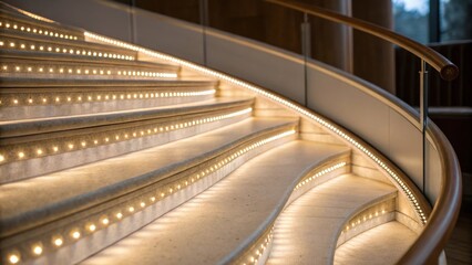 Poster - Closeup of LED strips shining along a spiral staircase capturing the unique twist of the steps illuminated in a soft inviting glow.