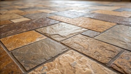 Aufkleber - Closeup of textured stone tiles in earthy hues focusing on the natural variations that add character and warmth to the foyer space.