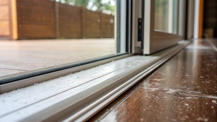 Poster - Closeup of the floor track where the sliding glass door glides revealing the smooth finish and slight wear from previous use with dust particles caught in the light.