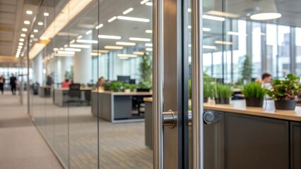 Poster - Closeup of the reflection of a bright office scene on the surface of a justinstalled transparent partition illustrating its ability to create a sense of openness while providing