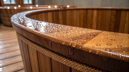 Poster - Closeup of water droplets glistening on the polished surface of the wooden tub highlighting the craftsmanship and the seamless integration with the rooms decor.