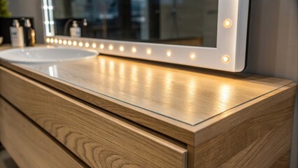 Poster - Closeup on a sleek frameless vanity mirror with embedded LED lights the glow perfectly revealing the fine grains of a natural wood vanity beneath it.