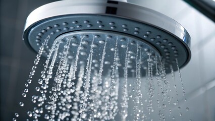 Aufkleber - Closeup of water droplets cascading from a digital showerhead with a focus on the smooth even flow and contemporary styling illustrating the advanced technology at work.