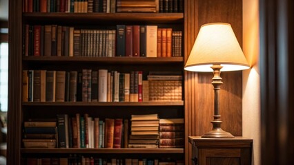 Aufkleber - Closeup shot of a corner builtin bookshelf with a deep alcove packed with tightly arranged books and a cozy reading lamp casting a warm glow over the stacked volumes.