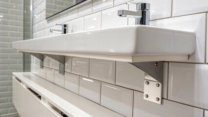 Aufkleber - Closeup on the installation details of a floating vanity showing wallmounted brackets blending into the tiled wall emphasizing the clean uncluttered look.