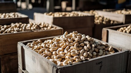 Aufkleber - Cashew nuts harvested and neatly packed in wooden boxes in a warehouse, symbolizing natural abundance, organic fruit storage, and the process of healthy food shipping