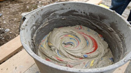 Leinwandbilder - Closeup shot of mixed concrete in a bucket with visible aggregates and twists of color ready to be applied to the fireplace surface.