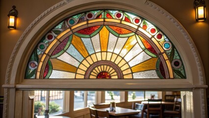 Aufkleber - Detailed closeup of a glass arch featuring a fused glass design reflecting colorful hues positioned above a small dining nook enhancing the lightfilled atmosphere of the space.