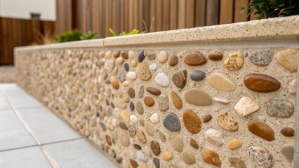 Poster - Detailed image of a decorative concrete wall featuring embedded pebbles and small stones creating a mosaic effect that adds natural charm and visual interest.