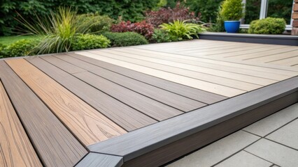 Aufkleber - Detailed image of a corner of a terrace featuring composite decking materials showcasing the smooth uniform surface and contrasting colors of the planks against surrounding