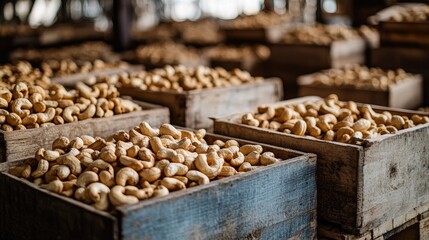 Aufkleber - Cashew nuts harvested and neatly packed in wooden boxes in a warehouse, symbolizing natural abundance, organic fruit storage, and the process of healthy food shipping