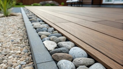 Aufkleber - Detailed view of edging stones lining the perimeter of a decking area contrasting the rough texture of the stones against the smooth finish of the wooden boards.