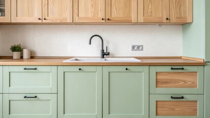 Poster - Detailed shot of a kitchen sink area with light wood bottom cabinets complemented by pastel green upper cabinets featuring a minimalist faucet design.